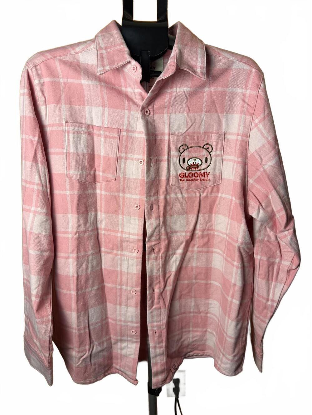 New NWT Cakeworthy Gloomy Bear Pink Plaid long Button-Up Shirt sz L large